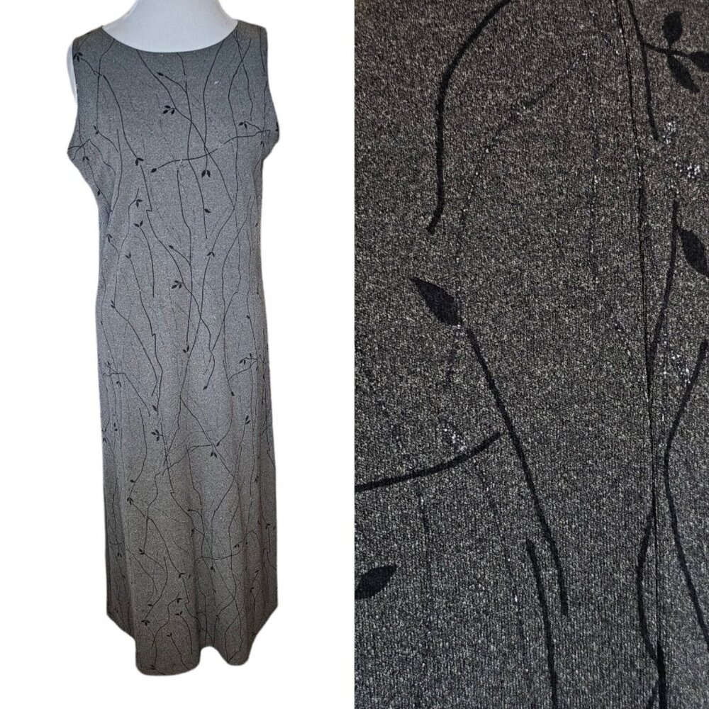 Vintage 90s‎ Olive Green Long Maxi Formal Dress Stretchy Black Floral Glitter LG